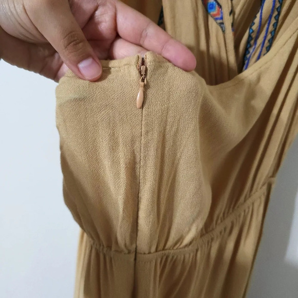 FLYING TOMATO Halter Neck Embroidered Khaki Wide Leg Jumpsuit, High Low Hem, L - Picture 5 of 16